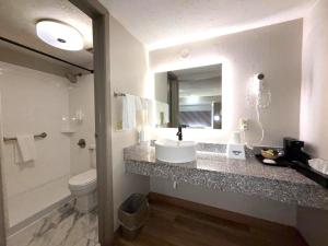 a bathroom with a sink and a toilet and a mirror at Days Inn by Wyndham Frankfort in Frankfort +17 photos