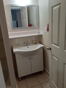 a bathroom with a white sink and a mirror at Chameleon Hotel in Castlegar +49 photos