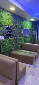 a green wall with flowers and couches in a room at Madhav guest house in Agra