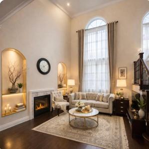 a living room with a couch and a fireplace at Quite Cozy Private Room In Vaughan with Private Bathroom and Free Parking in Vaughan +1 photo