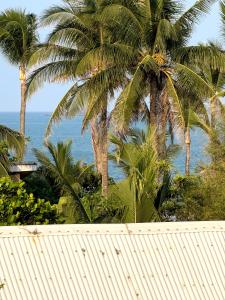 a view of the ocean with palm trees and a white fence at Villaroman Inn in Baler