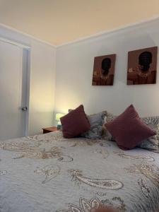 a bedroom with a bed with two pictures on the wall at 2108 Depto a 15 minutos del Aeropuerto frente mall in Santiago +13 photos