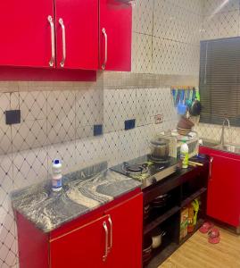 a red kitchen with a stove and red cabinets at Ebest homes in Benin City