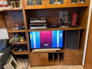 a tv in a wooden entertainment center with colorful doors at Ferienhaus Natternberg Spacious apartment large living room 4 bedrooms garden quiet near Deggendorf in Deggendorf