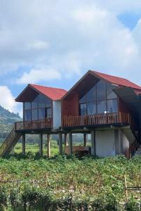 a house with a deck on top of a hill at Cabin Wetan Kali Dieng in Diyeng
