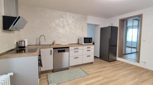 a kitchen with a sink and a refrigerator at Apartmán Kozolupy in Kozolupy +3 photos