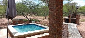 a swimming pool in a brick building with an umbrella at Vachellia View in Marloth Park