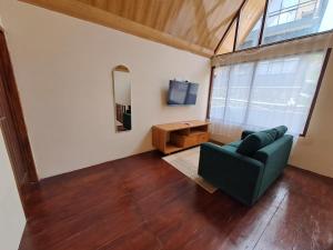 a living room with a green couch and a television at Carika Cabin in Diyeng