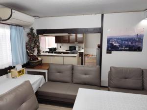 a living room with a couch and a kitchen at 夢尽くし in Aira