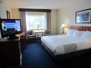a hotel room with a bed and a flat screen tv at Newport Channel Inn in Newport Beach
