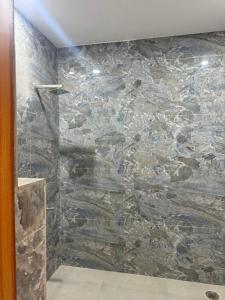 a bathroom with a stone wall at Aanya Bnb in Zirakpur