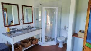 a bathroom with a shower and a sink and a toilet at The Edge Mountain Retreat in Hogsback +208 photos