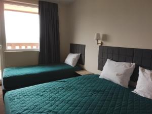 a bedroom with two beds with green sheets and a window at Делта СПА in Banya