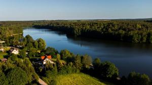 an aerial view of a lake with houses and trees at Lutek in Olsztynek