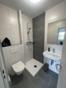 a bathroom with a toilet and a sink at Hotel Rammelkamp in Nordhorn