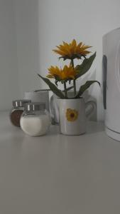 a vase with yellow flowers in it on a shelf at King Room sheared house in Bristol