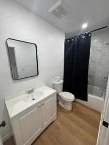 a bathroom with a sink and a toilet and a mirror at Vernon Vibes in Los Angeles