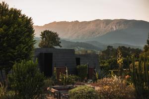 a house in a garden with mountains in the background at The CAMPIAN in Chiang Dao