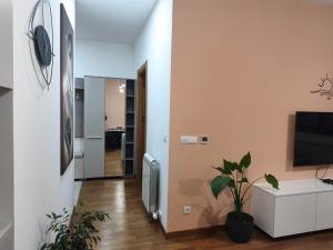 a hallway with a television and a living room at Narcis in Užice +4 photos