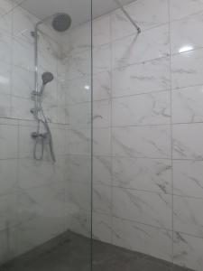 a bathroom with a shower with a glass door at The Ramsons - Čemaž Glamping in Železniki