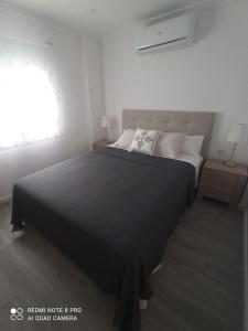 a bedroom with a large bed with a black blanket at SUNSHINE GROUP in Málaga
