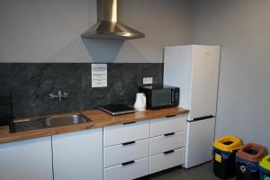 a kitchen with a sink and a refrigerator at Good Night 24 - Noclegi & Strefa Relaksu , Strefa dodatkowo płatna, rezerwuj telefonicznie wcześniej in Czechowice-Dziedzice