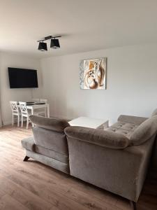 a living room with a couch and a table at Apartament Ełcka 2- Mazury in Orzysz