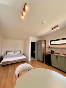 a bedroom with a bed and a table and chairs at Colina Monteoru in Sărata-Monteoru