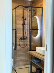 a shower with a glass door in a bathroom at Colina Monteoru in Sărata-Monteoru +66 photos