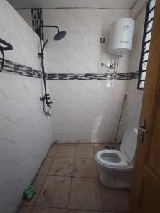 a dirty bathroom with a toilet and a shower at SKY BLUE guest house in Buea