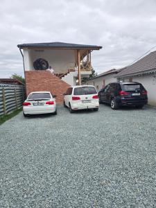 three cars parked in a driveway in front of a house at Bârlogul balaurului in Afumaţi