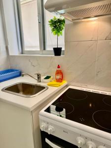 a small kitchen with a sink and a stove at Sun Beach Apartment in Anavyssos