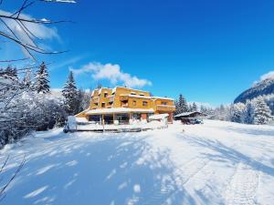 a building on a snow covered hill with trees at Gîte les Égravines in Mijoux +17 photos