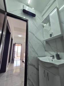 a white bathroom with a sink and a mirror at Villa Ivanovic in Podgorica +23 photos