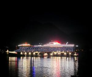 a cruise ship on the water at night at Apartments Agnes in Dobrota +5 photos