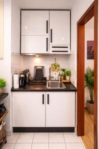 a kitchen with white cabinets and a sink at Comfortable Apartment on Elbe River in Dresden