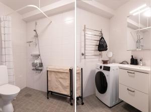 a bathroom with a toilet sink and a washing machine at Guestly Homes - Central Premium Studio in Västerås