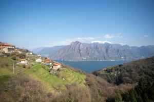a town on a hill with a lake and mountains at Lake Iseo View Retreat - Quiet & Nature in Fonteno