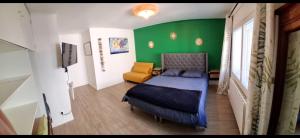 a bedroom with a bed and a green wall at Le jardin bernard PERRIER in Montbazin