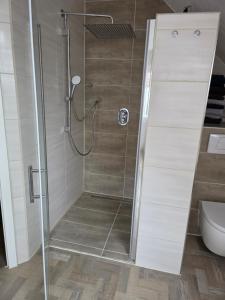 a shower with a glass door in a bathroom at Privatunterkunft Bingum in Leerort