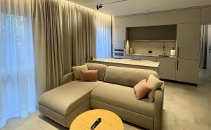 a living room with a couch and a kitchen at Apartaments Jaunyste Free parking, Self Check - in in Klaipėda