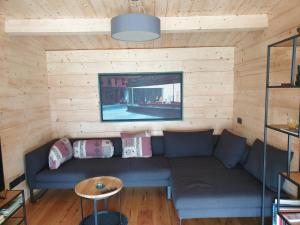 a living room with a blue couch in a wooden wall at Ferienhaus Summerwiese in Ochsenhausen