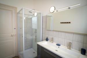 a bathroom with a shower and a sink and a mirror at La Leugnyçoise in Leugny +106 photos