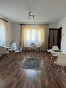 a room with tables and chairs and a rug at Casa Noel in Târgu Ocna