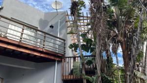 a white building with a staircase next to a palm tree at Pearly Beach House in Plettenberg Bay