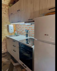 a kitchen with a refrigerator and a stove top oven at Drveni san Senović 2 in Banja