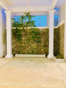 an empty room with a brick wall with plants at Sky Mansion Athurugiriya in Athurugiriya