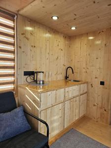 a kitchen with a counter and a sink in a room at Piestātne Riverside Cabins with Sauna, Hot Tub & Private Pier in Katlakalns