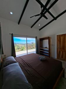 a bedroom with a large bed with a large window at Pura Vista Lodge in Sámara