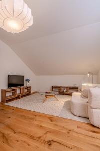 a living room with a couch and a tv at Vanilla Suite · Kilchberg in Kilchberg
